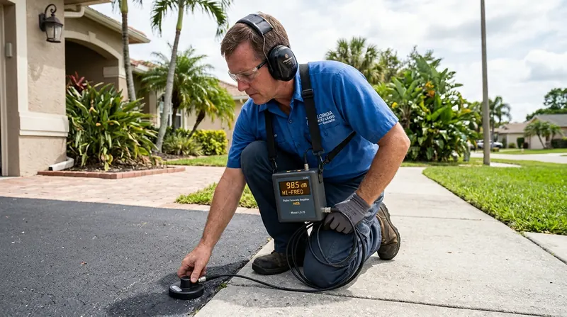 Leak specialist with noise-canceling headphones pinpointing pressurized underground pipe water leak sound