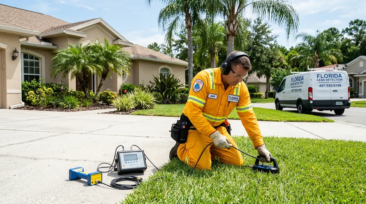Certified Apopka FL water leak detection technician using acoustic ground sensors on residential driveway