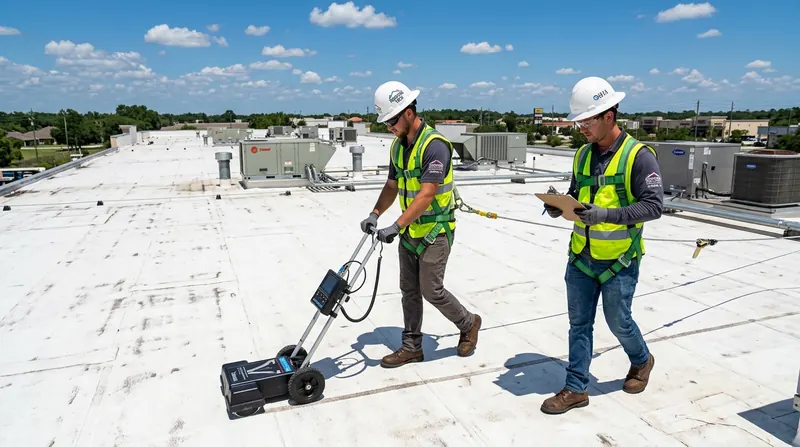Commercial flat roof moisture survey team performing electronic impedance scans on Apopka building