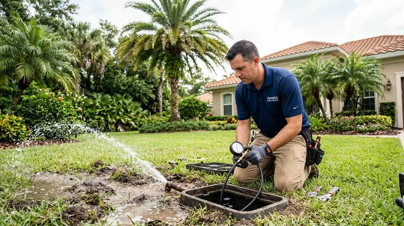 Technician checking broken underground sprinkler pipe and pressure valve leak on Apopka lawn