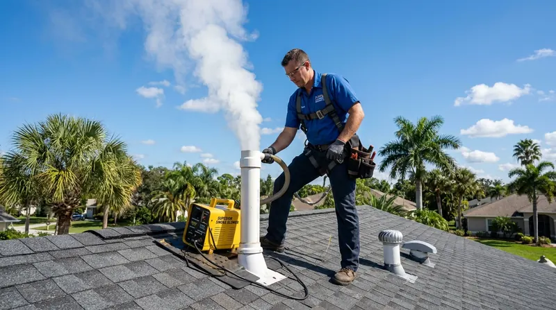 Technician conducting non-toxic rooftop plumbing smoke test to locate sewer gas odor infiltration