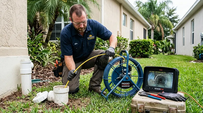 Plumbing diagnostic technician feeding high-definition sewer camera reel through cleanout in Apopka FL