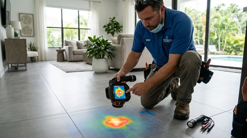 Thermal infrared camera detecting hot water pipe leak beneath concrete slab in Apopka FL
