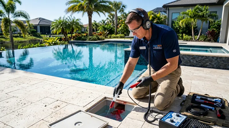 Certified pool leak specialist using hydrophone listening equipment and dye testing in Florida pool